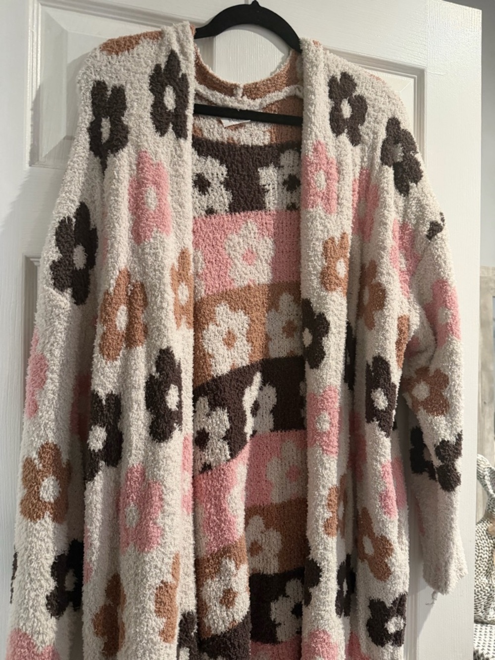 Cozy Floral Open-Front Women’s Sweater Cardigan - Cream, Pink & Brown